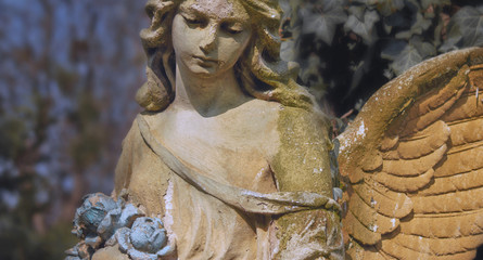 Vintage image of a sad angel on a cemetery against the background of leaves