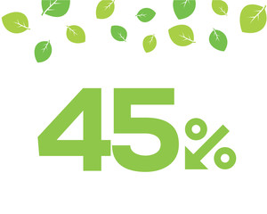 Vector green 45% text designed with an arrow percent icon on white background with leaves. For spring sale campaigns. 