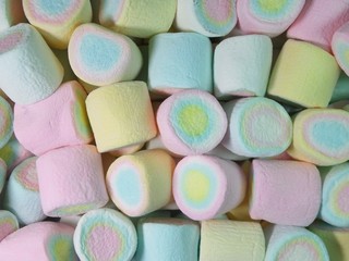 Heap of Pastel Pink, Blue, Yellow Colored Marshmallows for Background, Banner, Texture 