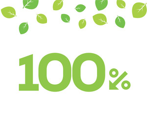 Vector green 100% text designed with an arrow percent icon on white background with leaves. For spring sale campaigns. 