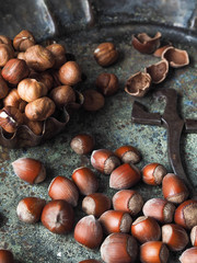 Hazelnuts scattered on an old metal platter and tongs for nuts. Metal mold full of peeled nuts. Old shabby background