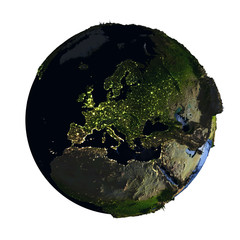 Fototapeta premium Europe on Earth at night isolated on white