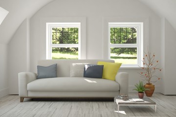 White room with sofa and green landscape in window. Scandinavian interior design. 3D illustration