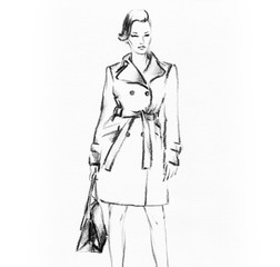 Woman in coat. Street fashion style. Hand drawing illustration. Watercolor painting