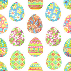 Seamless hand drawn watercolor patterns with pastel Easter eggs