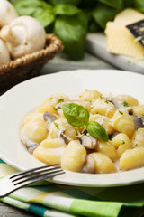 Portion of gnocchi with mushroom sauce and cheese.