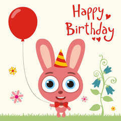 Happy birthday to you! Funny bunny rabbit with red balloon. Birthday card with bunny rabbit in cartoon style.