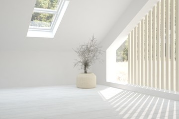 White empty room with green landscape in window. Scandinavian interior design. 3D illustration