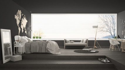 Scandinavian minimalist bedroom with office, minimalistic modern interior design