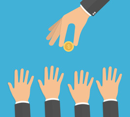 Fototapeta premium Hand holding golden coin while hands trying to reach it. Need for money concept. Reaching hands with hand holding coin above. Flat design