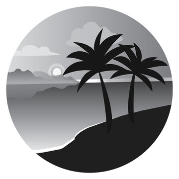 Round vector flat black and white icon with palm trees. summer vacation on tropical beach Sunset, with Palm trees ,vector illustration.
