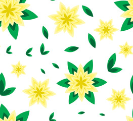 Seamless pattern vector flower yellow with green leaf and geometric flower on white background