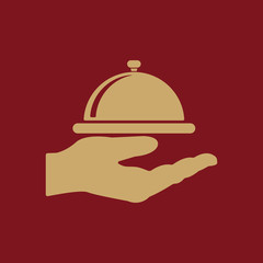 Tray in hand icon. Restaurant, service, banquet, lunch symbol. Flat design. Stock - Vector illustration