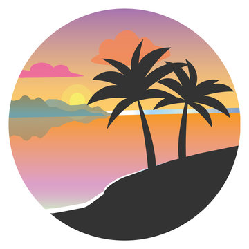 Black silhouette of palm trees in a circle, flat vector. Tropical beach, sunset, vector illustration