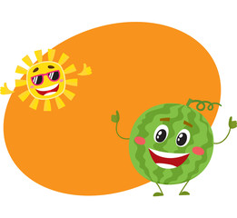 Cute and funny watermelon and sun characters, symbols of hot summer time, cartoon vector illustration with place for text. Happy watermelon and sun characters, summer holidays concept