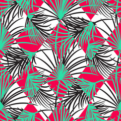 Green and red palm leaves and harlequin rhombs seamless vector pattern on white background. Tropical jungle nature leaf.