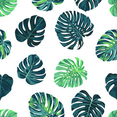 Seamless vector tropical botanical pattern with green monstera palm leaves. Exotic hawaiian fabric design. © Ms.Moloko