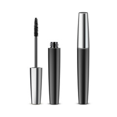 Vector Opened Closed Black Realistic Mascara in Dark Metallic Shiny Tube Isolated on White Background