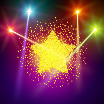 Golden star vector banner on light background. Gold template star for banner, vip card. Star Dust. Stardust spark the explosion on background. Vector illustration 3D