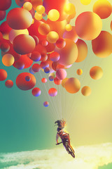 Obraz premium woman with colorful balloons riding bike in the the sky,illustration painting