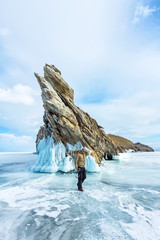 Transparent ice on Lake Baikal near Ogoy island. Siberia, Russia
