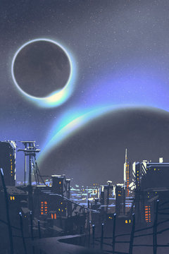 illustration of the futuristic city with planets and solar eclipse on background,digital painting