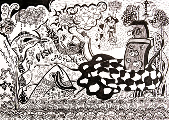 Plakat Fish paradise. Black white hand drawn illustration