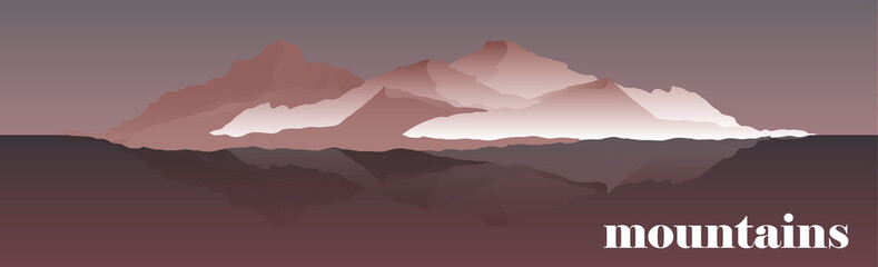 Panorama vector illustration of mountain ridges. Mountaineering and Traveling Vector Illustration. Landscape with Mountain Peaks and water. Extreme Sports, Vacation camping and Outdoor Recreation