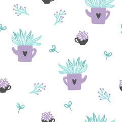 Cute plants seamless pattern. Vector hand drawn background