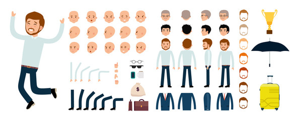 Man character creation set. The clerk, businessman, boss. Icons with different types of faces and hair style, emotions, front, rear side view of male person. Moving arms, legs Vector flat illustration