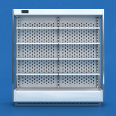 Vertical outdoor refrigerator with shelves. Frontal view. 3d image. On a blue background.