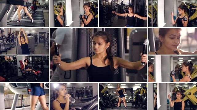 Female in the gym. Active sport, healthy lifestyle background. 4K