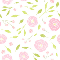 Cute peony and leaves background. Vector hand drawn seamless pattern