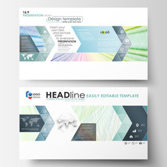 Business templates in HD format for presentation slides. Easy editable layouts in flat style, vector illustration. Colorful background with abstract waves, lines. Bright color curves. Motion design.