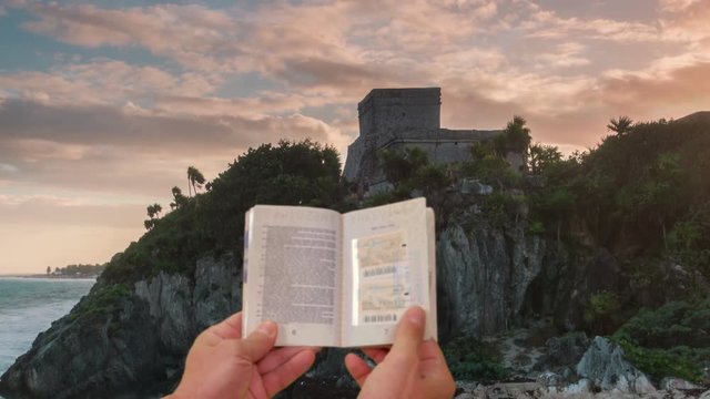 turning passport pages while touristic places pass by in the background travel concept