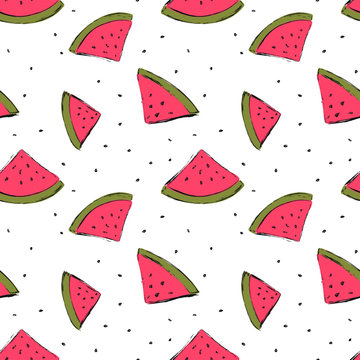 Seamless pattern with hand drawn cute watermelons. Vector illustration 