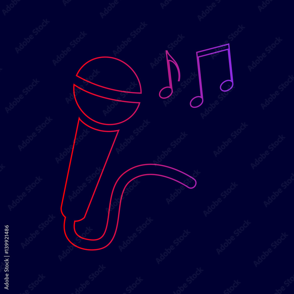 Poster microphone sign with music notes. vector. line icon with gradient from red to violet colors on dark 