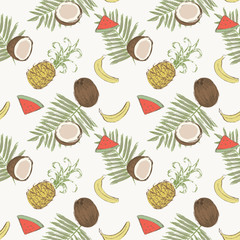 Seamless pattern with bananas, pineapples, watermelons, coconuts and palm leaves. Vector illustration painted with watercolor grunge brushes.