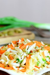 Easy home coleslaw salad. Yummy coleslaw salad with carrots, green onion and pumpkin seeds on a plate and on a wooden table. Fresh vegetable food. Vertical photo. Closeup
