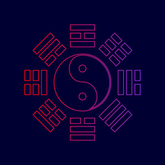 Yin and yang sign with bagua arrangement. Vector. Line icon with gradient from red to violet colors on dark blue background.