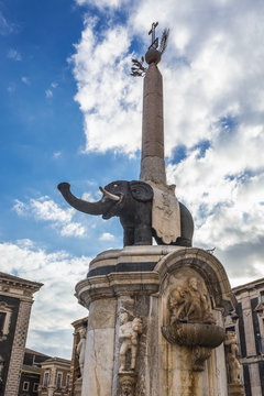 Famous Elephant Fountain from 18th century on Cathedral Square in Catania, Sicily, Italy