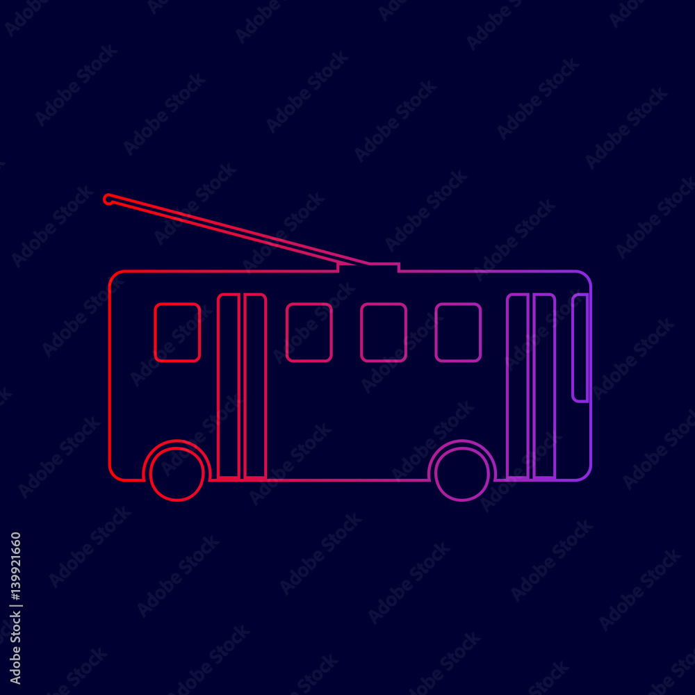 Poster trolleybus sign. vector. line icon with gradient from red to violet colors on dark blue background.