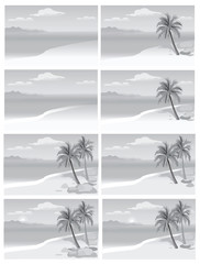flat vector illustration of a tropical island. Card with palm trees. Tropical island. Shangri-la. Set black and white vector image sea and palm trees