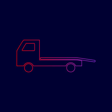 Service of evacuation sign. Wrecking car side. Car evacuator. Vehicle towing. Vector. Line icon with gradient from red to violet colors on dark blue background.