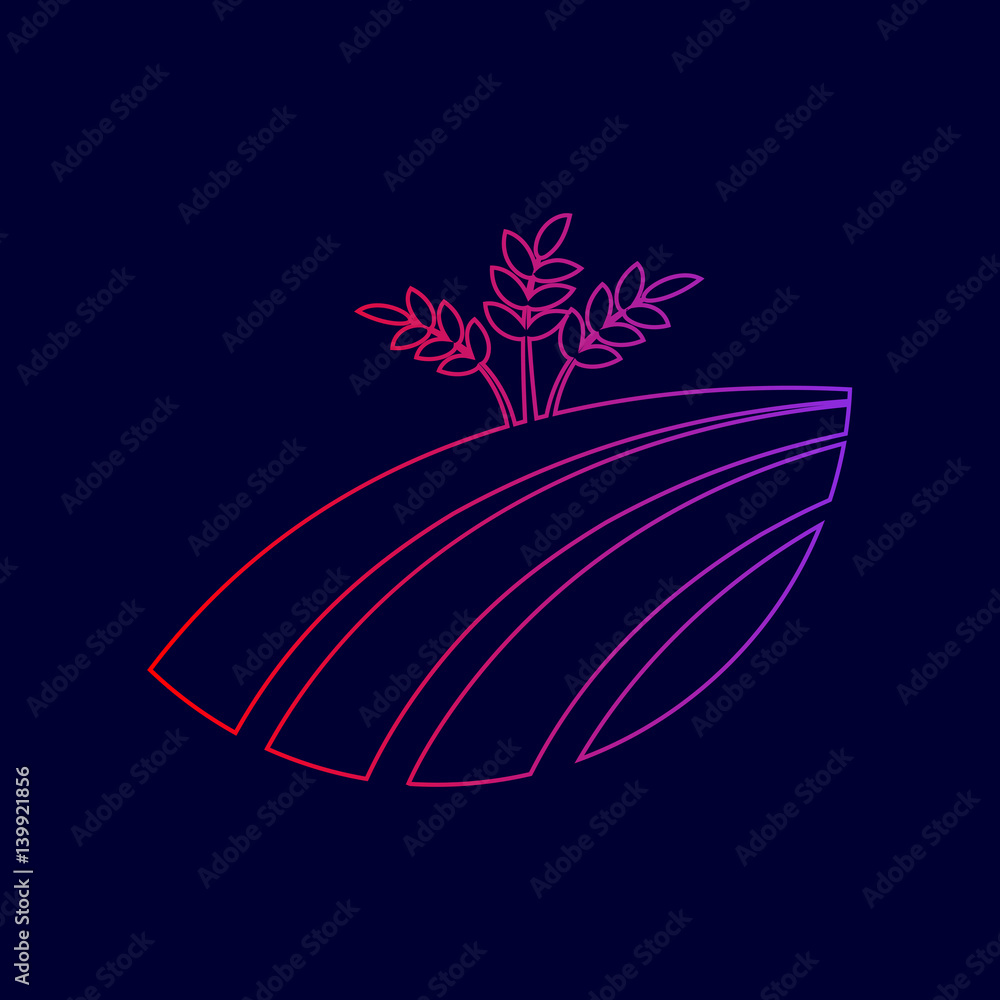 Poster wheat field sign. vector. line icon with gradient from red to violet colors on dark blue background.