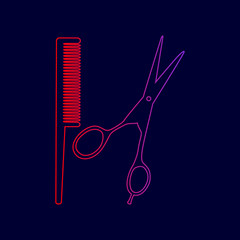 Barber shop sign. Vector. Line icon with gradient from red to violet colors on dark blue background.