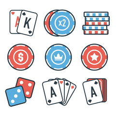 Modern vector set of colorful gambling and casino icons for website or mobile application. Bright and stylish elements for you design.