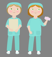 Fototapeta premium 2 cartoon girls wearing medical uniform. Objects grouped and named in English. No mesh, transparency used. Gradient used.