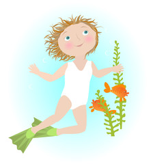 Cartoon girl swims underwater illustrating Pisces zodiac sign. Objects grouped and named in English. No mesh, transparency used. Gradient used.