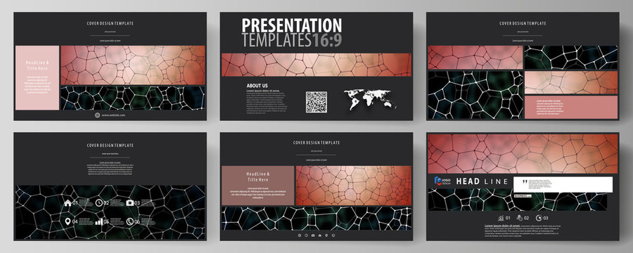 Business templates in HD format for presentation slides. Vector design layouts. Chemistry pattern, molecular texture, polygonal molecule structure, cell. Medicine, science, microbiology concept.